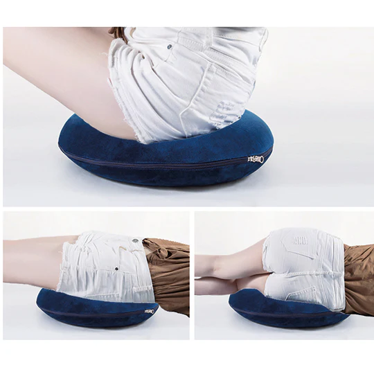 Collage of a blue plush donut seat cushion showcasing ergonomic support across three sitting postures: seated, one leg resting, and crossed legs, emphasizing pressure relief for prolonged sitting