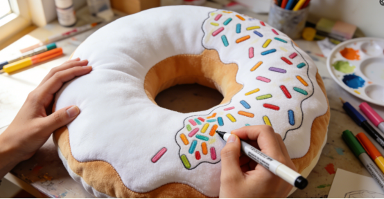 Hands decorating a donut pillow (for a DIY pillow cover project) with colorful sprinkles using a marker (showcases custom style for donut pillows).